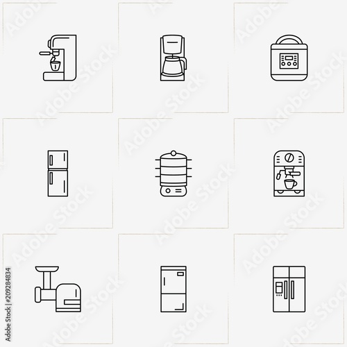 Kitchen Application line icon set with meat grinder, refrigerator and coffee machine