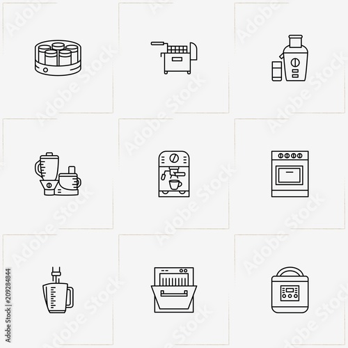 Kitchen Application line icon set with multicooker , juicer and yoghurt maker