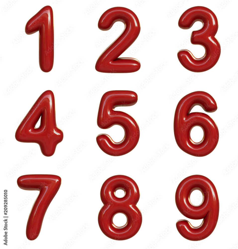 Glossy red number. 3D render of bubble font isolated on white background Glossy red number. 3D render of bubble font isolated on white background