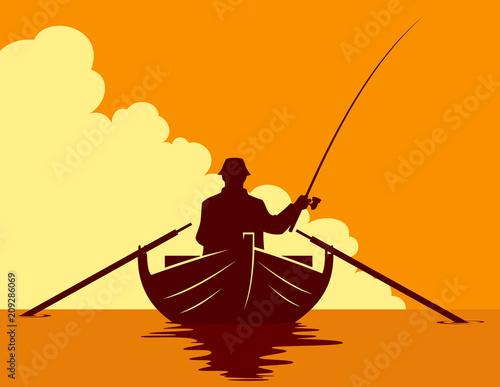 Fishing in a boat at sunset 