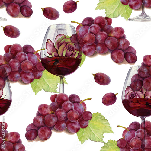 Naklejka Bezszwowy wzór. Akwarela elementy. Winogrona i czerwone wino