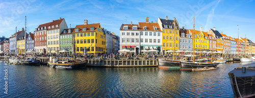 Panorama view of Nyhavn with the canal in Copenhagen city, Denmark