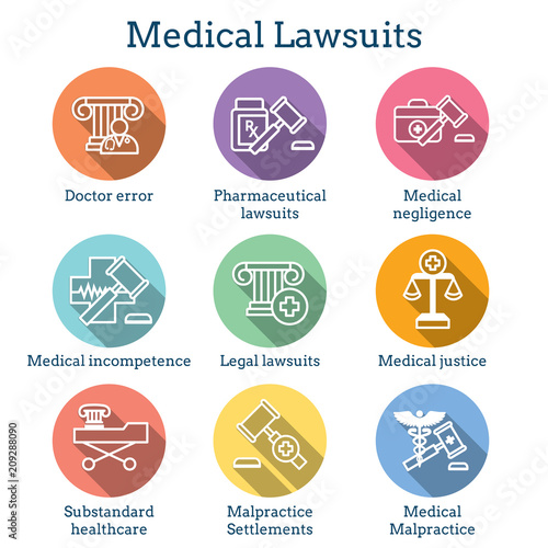 Medical Lawsuits with Pharmaceutical, negligence, & medical malpractice icon set