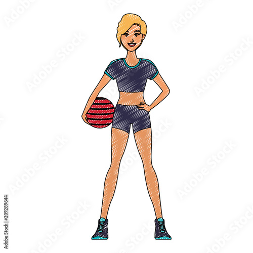 Fitness woman with ball cartoon vector illustration graphic design