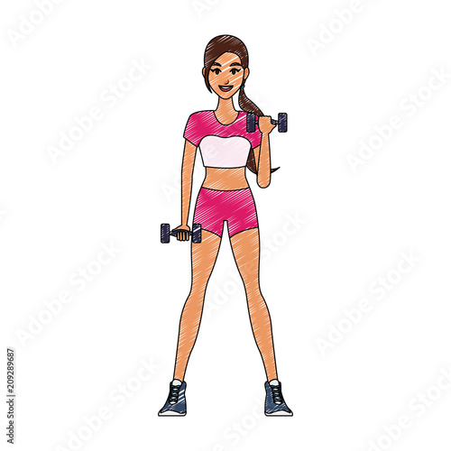 Fitness woman with dumbbells cartoon vector illustration graphic design