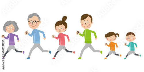ポップな3世代家族がランニング