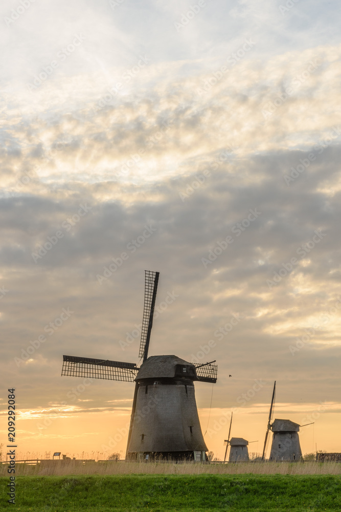 Three windmills on a cloudy evening in Netherlands.