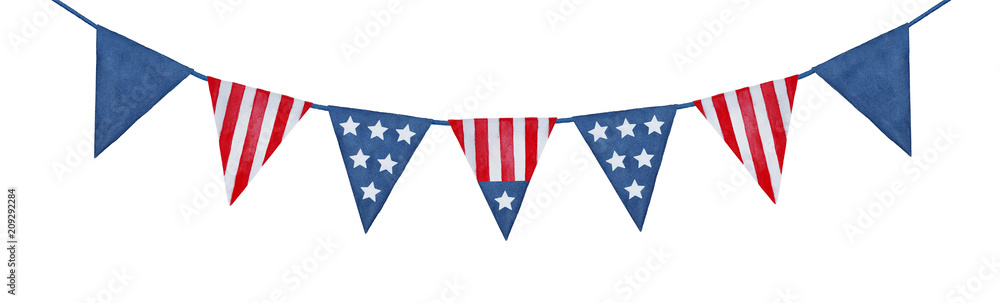String of American flag decorative bunting. Hand drawn watercolour graphic paint on white background, isolated clip art element for patriotic decor and design. Navy dark blue and bright red color. - obrazy, fototapety, plakaty 