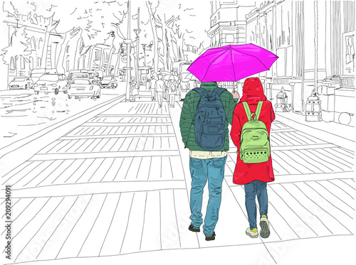 Romantic scene with a young couple wandering Paris in the rain, using a bright pink umbrella. Hand drawn vector illustration.