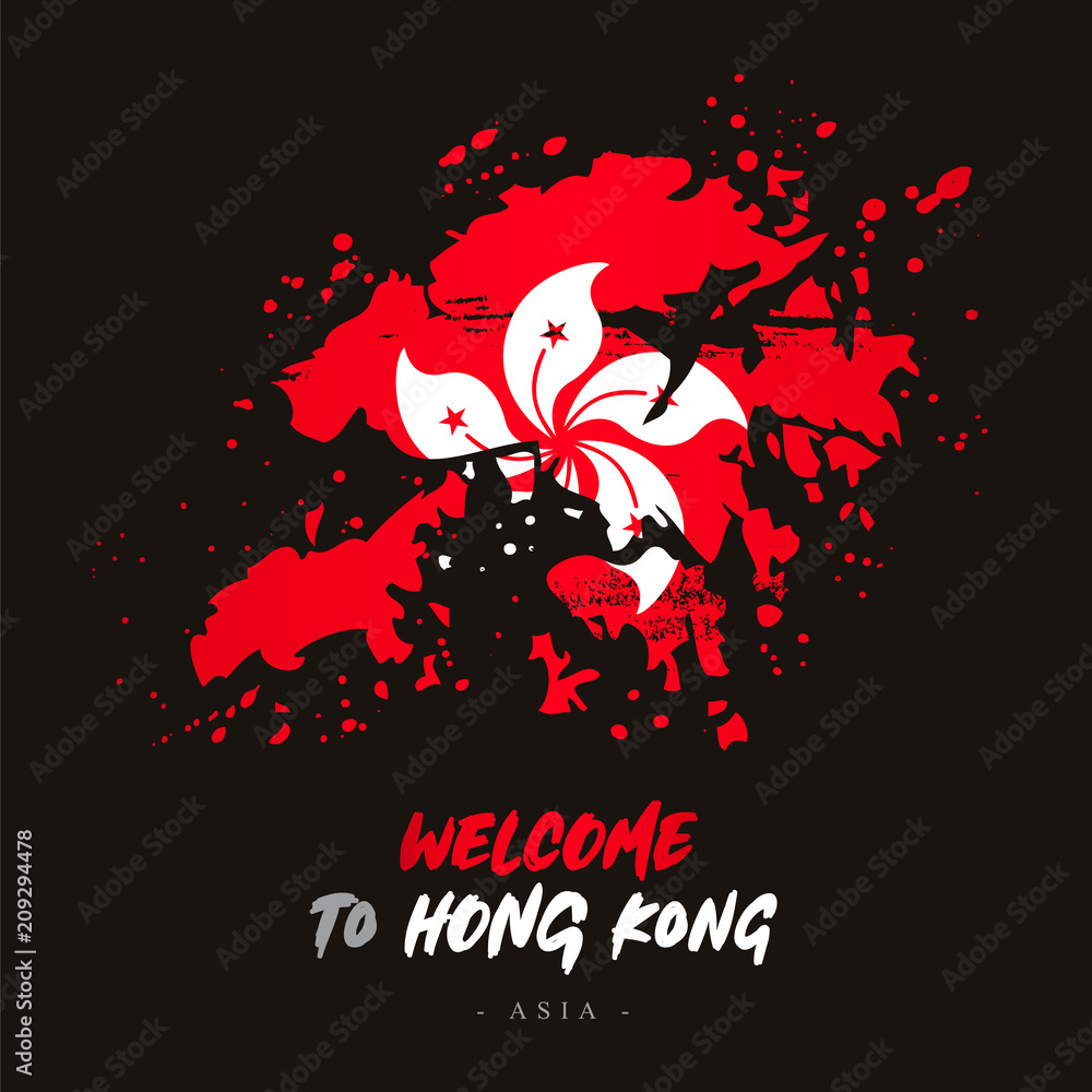 Welcome to Hong Kong. Flag and map of the country Welcome to Hong Kong. Flag and map of the country