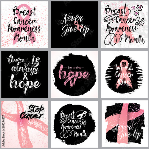 Breast cancer awareness ribbon background set.  Set of  pink ribbon and calligraphy breast cancer awareness quotes cards. Badges in pink. Breast cancer month in October posters and flyers. Vector.