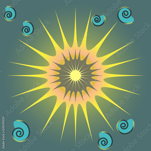 Abstract fragment of a tile with the image of the sun and sea shells. Vector graphics