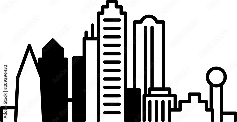 Simple icon illustration of the skyline of the city of Dallas, Texas, USA in black and white.