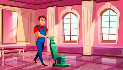 Ballroom cleaning vector illustration of man polishing parquet tile floor in royal hall of medieval castle or museum. Flat cartoon pink ball room interior background with windows and benches