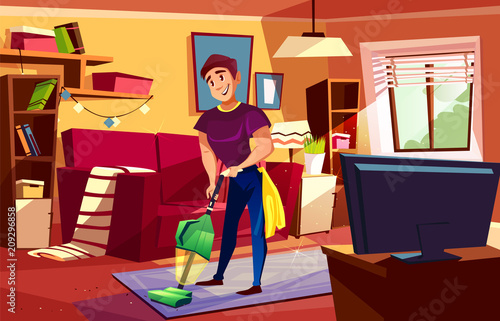 Man cleaning living room vector illustration of househusband or college boy with vacuum cleaner on carpet, Home service for modern or retro apartments interior with furniture, TV and sofa