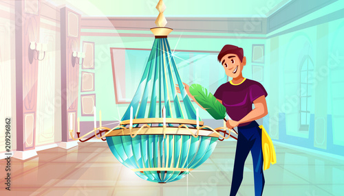 Ballroom cleaning vector illustration of man dusting big crystal chandelier with feather duster. Royal palace hall or museum service for ball room interior with candelabra lamps on pillars and mirror