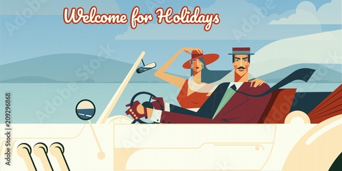 Welcome for holidays retro vector illustration of man and woman driving in vintage cabriolet car. Cartoon poster template with nature scenery for travel agency or vacations trip voyage