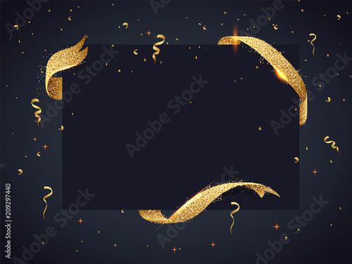 Black frame decorated with golden ribbon and confetti for celebration concept.