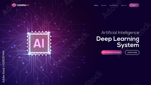 Artificial Intelligence (AI) landing page. Website template for deep learning concept.