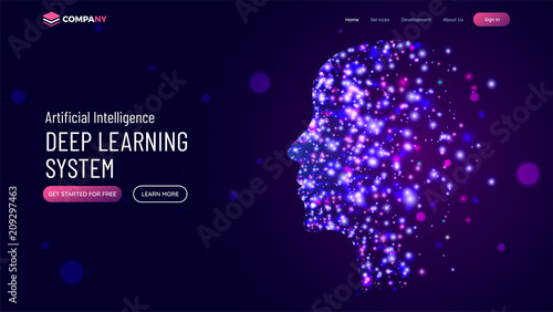 Website hero banner with illustration of human face made by glowing molecule particle for deep learning concept.
