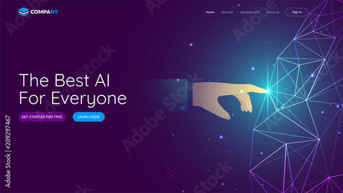 Human hand touching digital mesh network for virtual reality or AI concept.