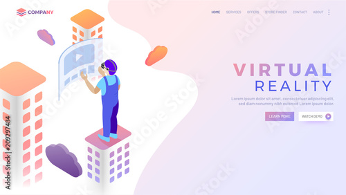 Skyscraper's view of man standing on top of building interat with imaginery world with urban landscape illustration for Virtual Reality concept.