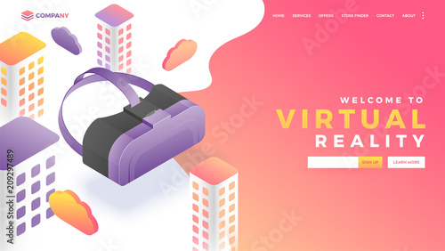 Website landing page with isometric view of vr box and urban landscape for Virtual Reality concept.