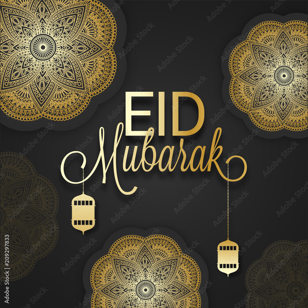 Mandala design decorated golden stylish text Eid Mubarak with ...
