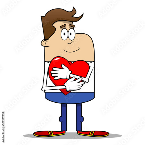Simple retro cartoon of a businessman hugging big red heart. Vector cartoon illustration.