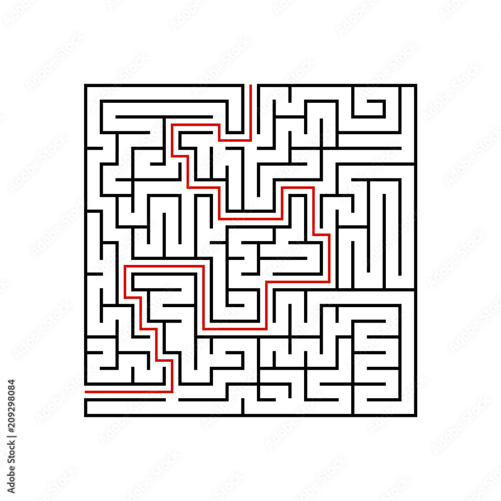 Black square maze with entrance and exit. A game for children and adults. Simple flat vector illustration isolated on white background. With the answer.