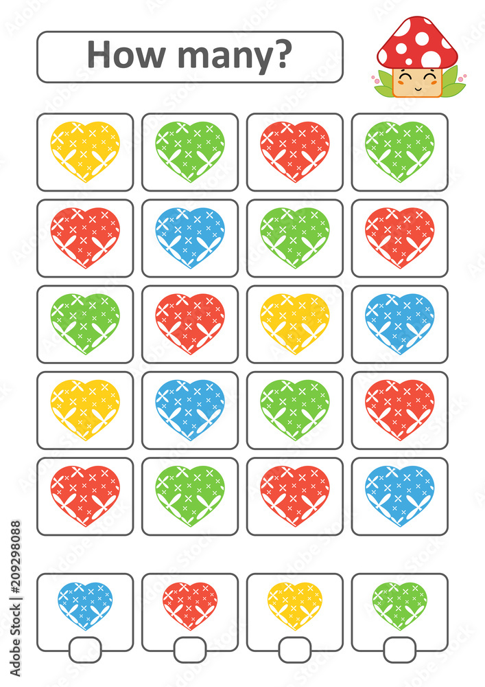 Counting game for preschool children for the development of mathematical abilities. How many hearts of different colors. With a place for answers. Simple flat isolated vector illustration. Counting game for preschool children for the development of mathematical abilities. How many hearts of different colors. With a place for answers. Simple flat isolated vector illustration.