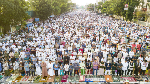 Thousands of muslims praying together on the street during Eid-ul Fitr day