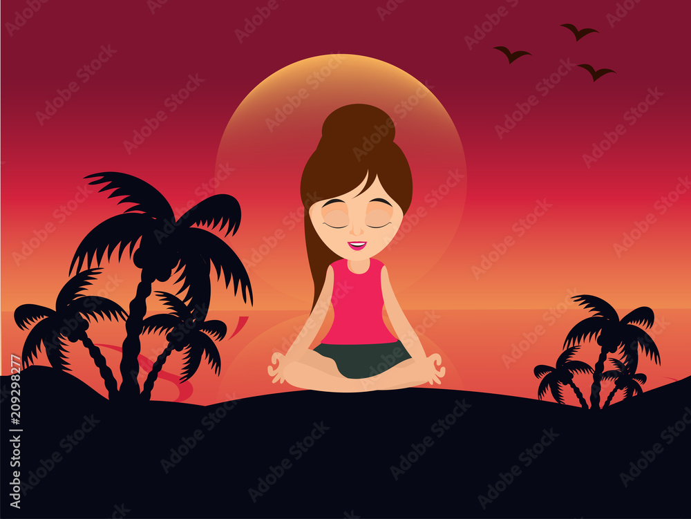 Young girl in meditation posture. Natural sunset background.
