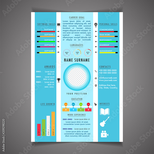 Infographics resume template can be use as letterhead or cover letter. Professional CV design with placeholder.