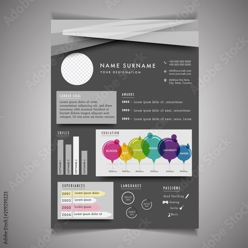 Infographics resume template can be use as letterhead or cover letter. Professional CV design with placeholder.