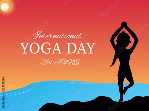 International Yoga Day in 21 June, Silhouette of a girl in yoga posture.