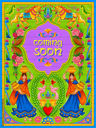 Colorful Coming Soon banner in truck art kitsch style of India