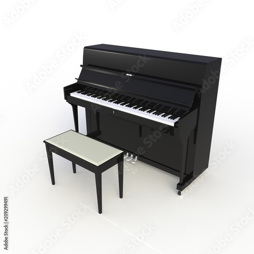 Side view of classic musical instrument black piano isolated on white background, Keyboard instrument, 3d rendering