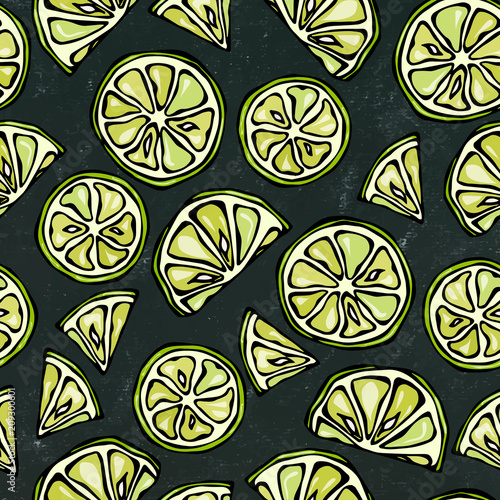 Black Board Background. Seamless Endless Pattern of Citrus Lime. Hand Drawn Illustration. Savoyar Doodle Style.