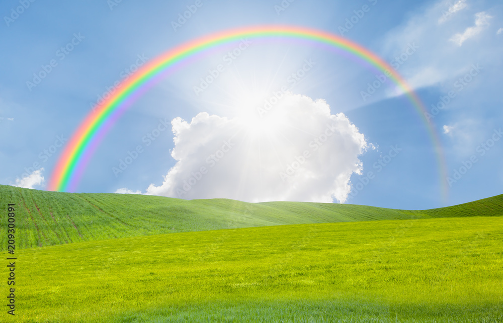 Green grass field and bright blue sky with rainbow Green grass field and bright blue sky with rainbow