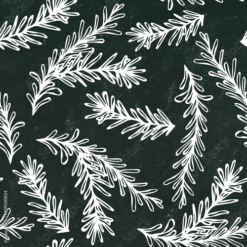 Black Board Background. Seamless Endless Pattern of Rosemary Branch. Aromatic Healing Herb. Fresh Cooking BBQ Ingredient. Steak Meat Spice. Hand Drawn Illustration. Savoyar Doodle Style.
