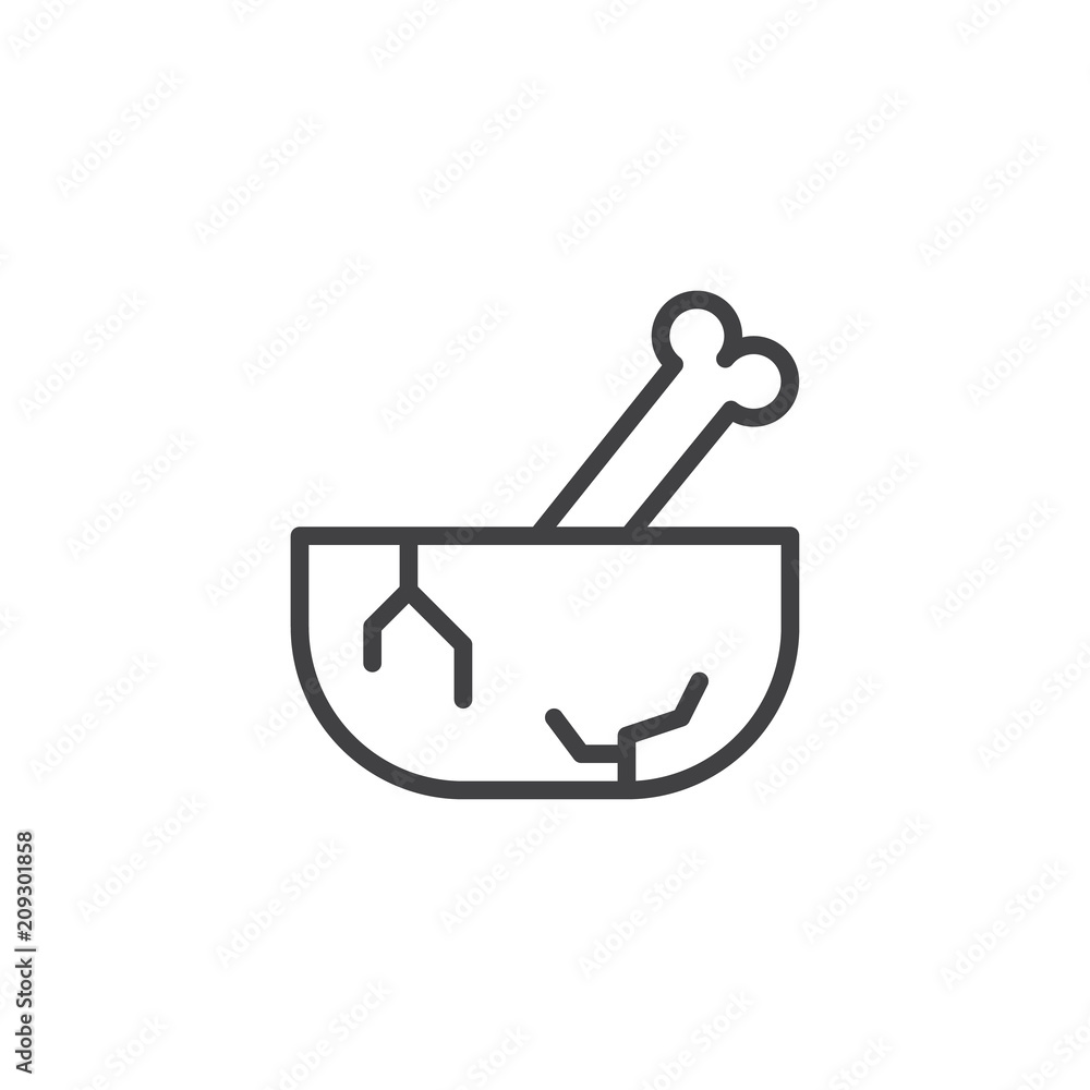 Stone bowl with bone outline icon. linear style sign for mobile concept and web design. Prehistoric dishware simple line vector icon. Symbol, logo illustration. Pixel perfect vector graphics Stone bowl with bone outline icon. linear style sign for mobile concept and web design. Prehistoric dishware simple line vector icon. Symbol, logo illustration. Pixel perfect vector graphics