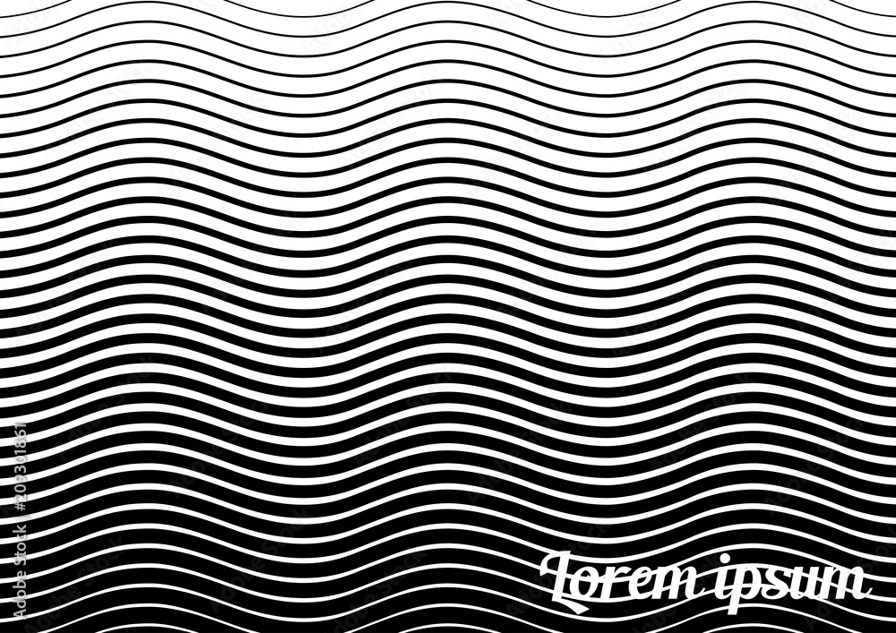 Horizontal abstract background with striped halftone pattern in black and white colors. A wavy texture of gradient line ornament. Design template of flyer, banner, cover, poster in A4 size. Vector Horizontal abstract background with striped halftone pattern in black and white colors. A wavy texture of gradient line ornament. Design template of flyer, banner, cover, poster in A4 size. Vector