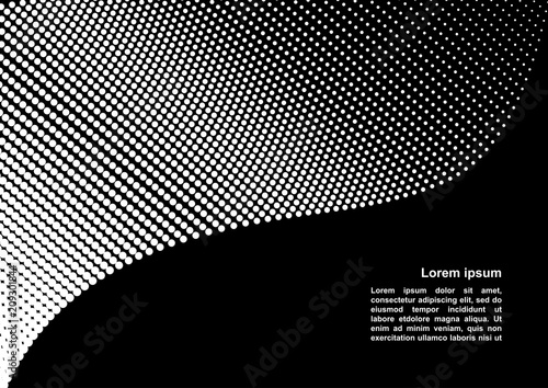 Horizontal abstract background with dotted halftone pattern in black and white colors. A wavy texture of gradient dot ornament and copy space. Design template of flyer, banner, cover, poster 