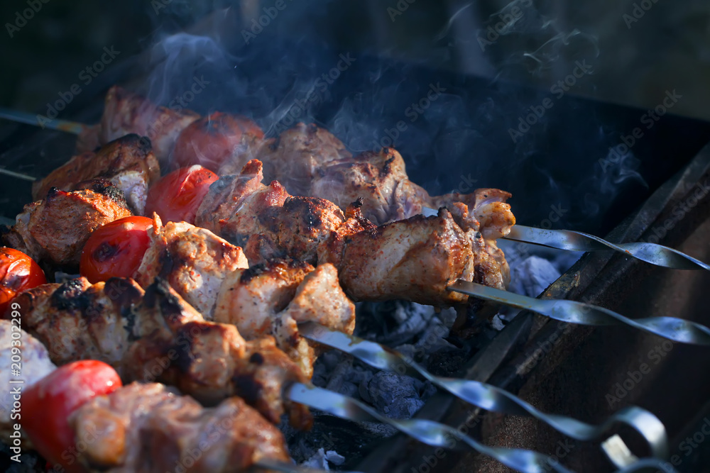 Meat And Vegetable Kebabs On The Hot BBQ Grill. Flaming Charcoal In The Background. Snack For Outdoor Summer Barbeque Party.