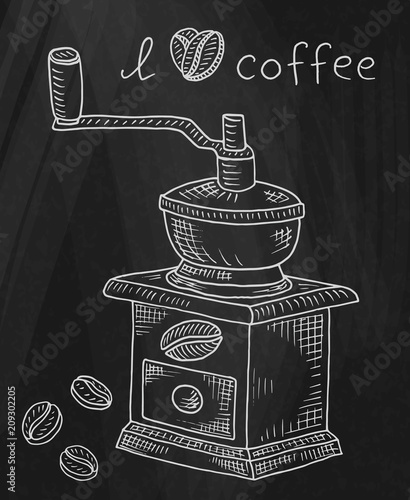 Beautiful illustration of coffee grinder with beans on chalkboard background