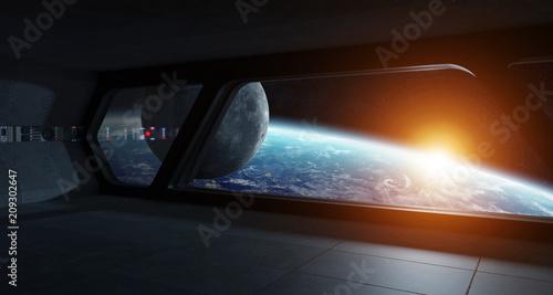 Spaceship futuristic interior with view on planet Earth