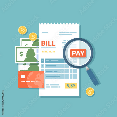 Bill paying. Paper check, reciept, invoice, order icon. Bill with magnifying glass, cash money banknotes, gold coins, credit card. Payment of goods,service, utility, restaurant. Flat vector icon