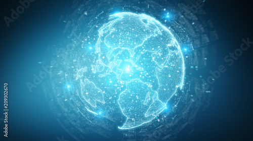 Globe network hologram with America Usa map 3D rendering