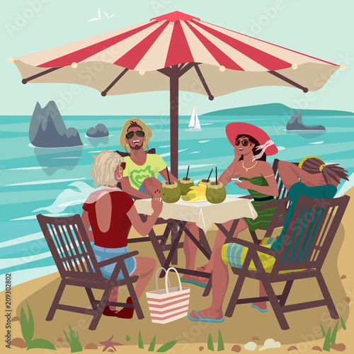 Two young couples sitting on tropical beach and eating fresh fruits. Table with chairs under sunshade or parasol umbrella. Good sunny weather. Expressive cartoon style